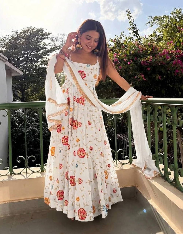 Floral Printed Anarkali Suit Set with Dupatta | White Ethnic Dress