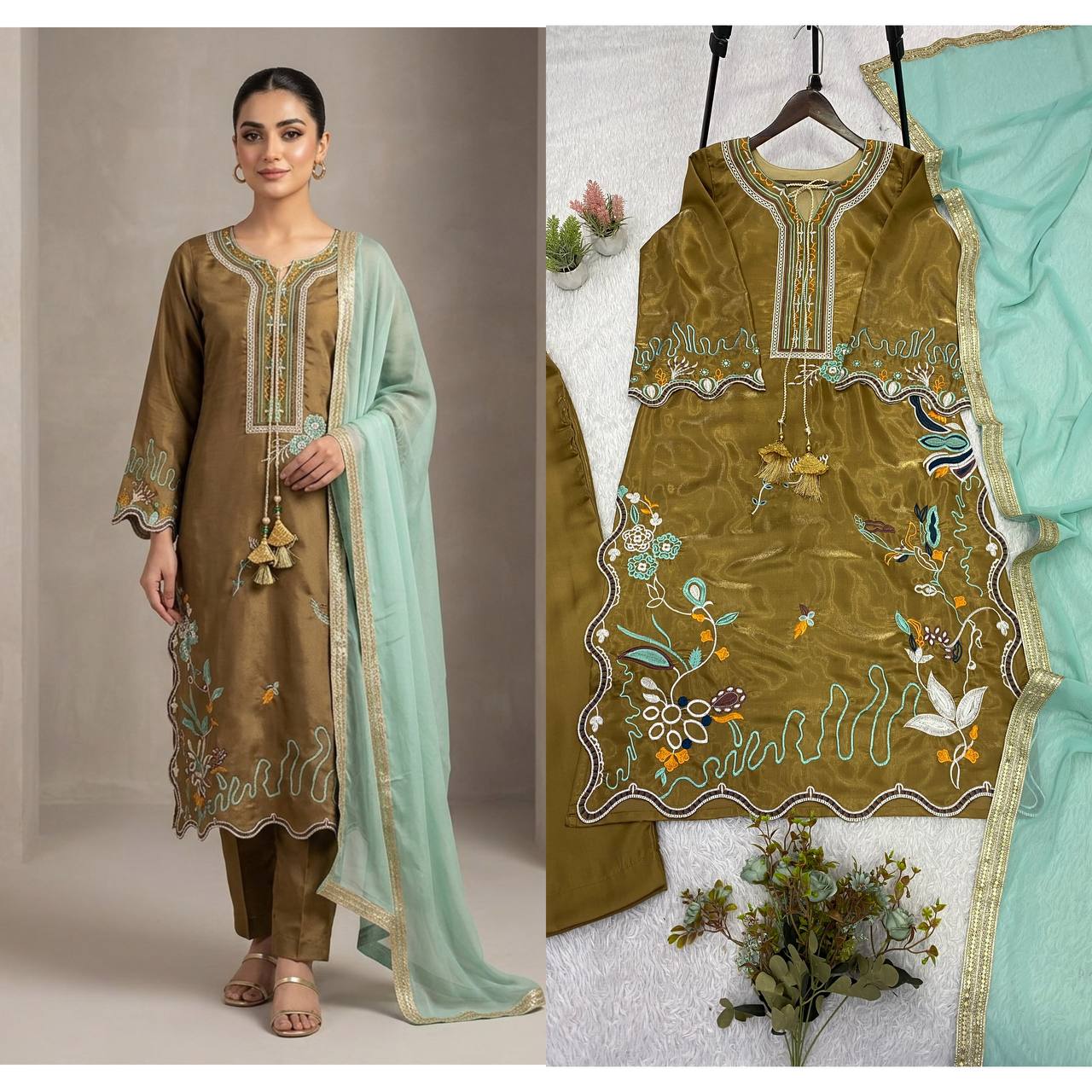 Brown Embroidered Kurta Pant Set with Mint Green Dupatta