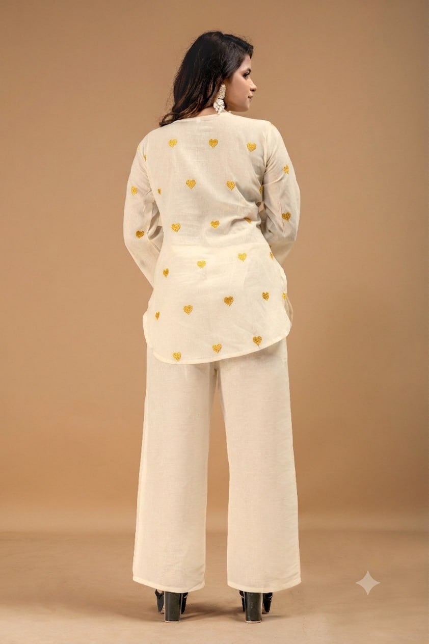 Heart Embroidered Cotton Style Kurta Palazzo Set for Women