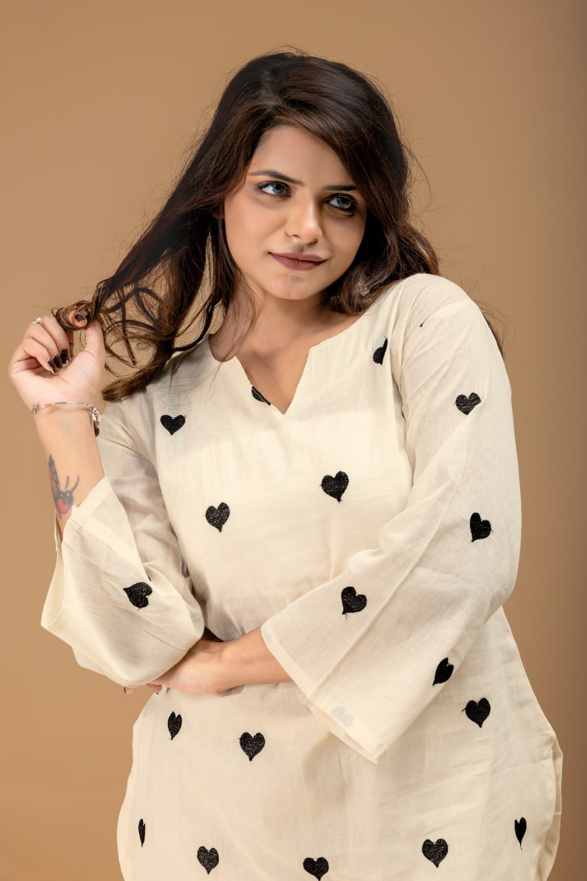 Heart Embroidered Cotton Style Kurta Palazzo Set for Women