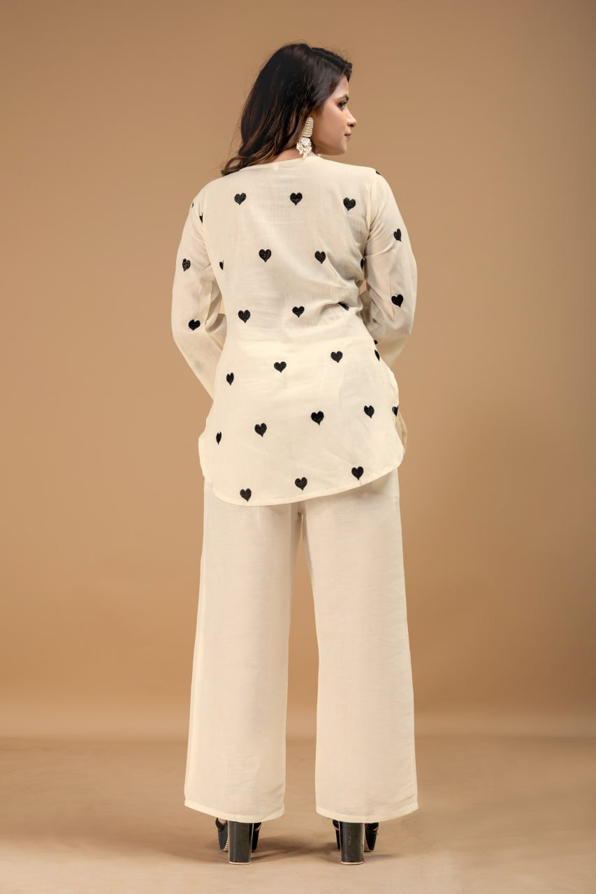 Heart Embroidered Cotton Style Kurta Palazzo Set for Women