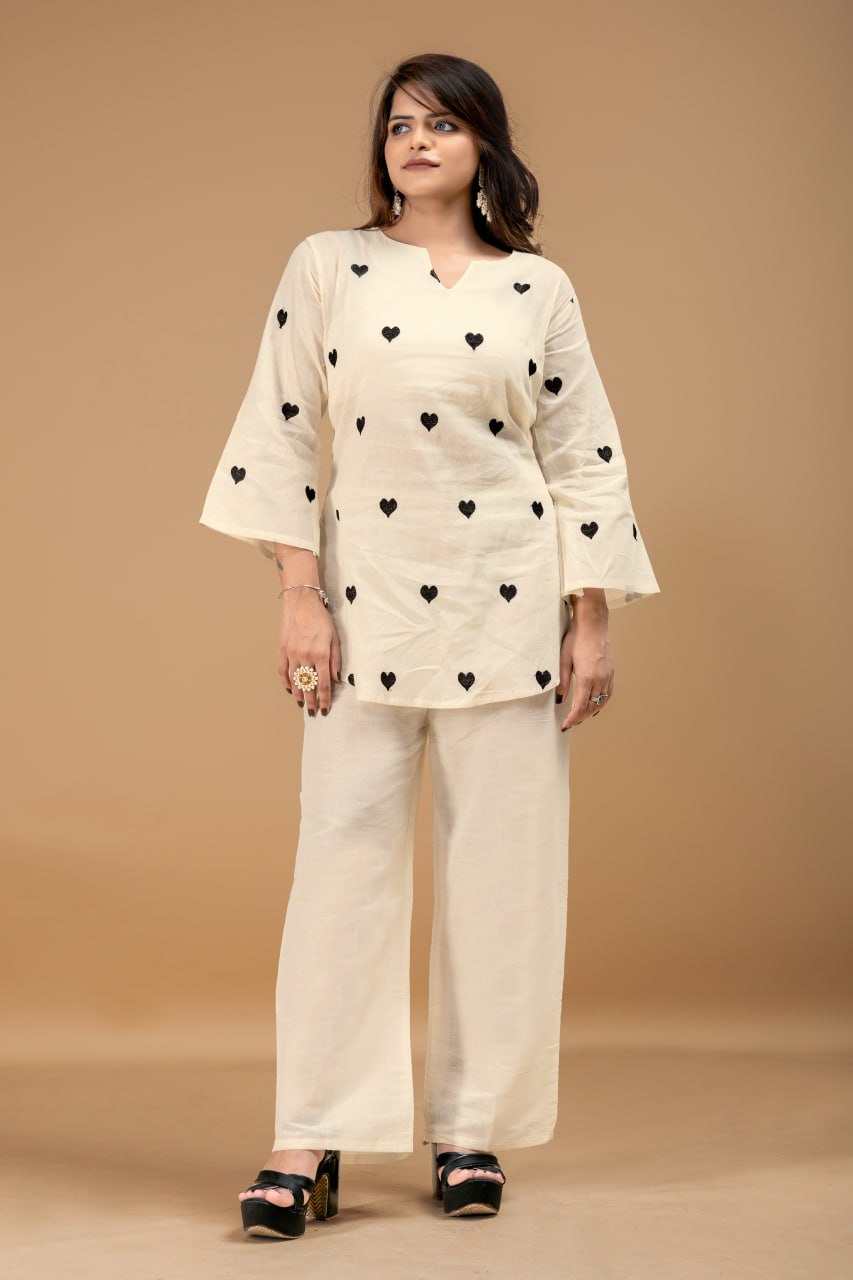 Heart Embroidered Cotton Style Kurta Palazzo Set for Women