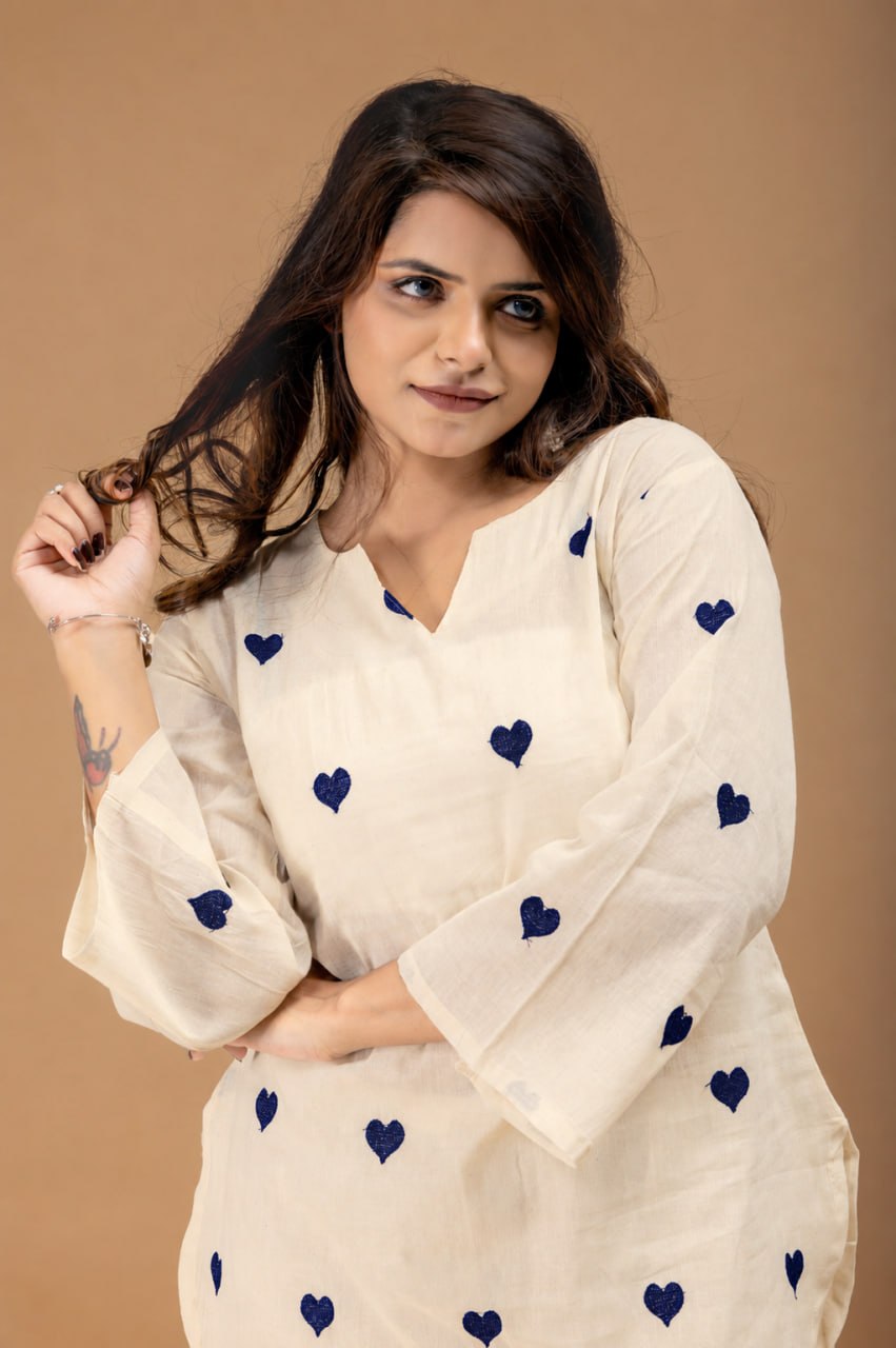 Heart Embroidered Cotton Style Kurta Palazzo Set for Women
