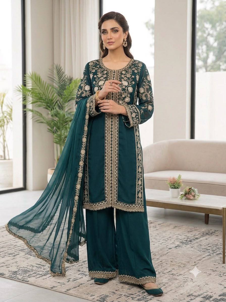 Women’s Embroidered Kurta Palazzo & Dupatta Set