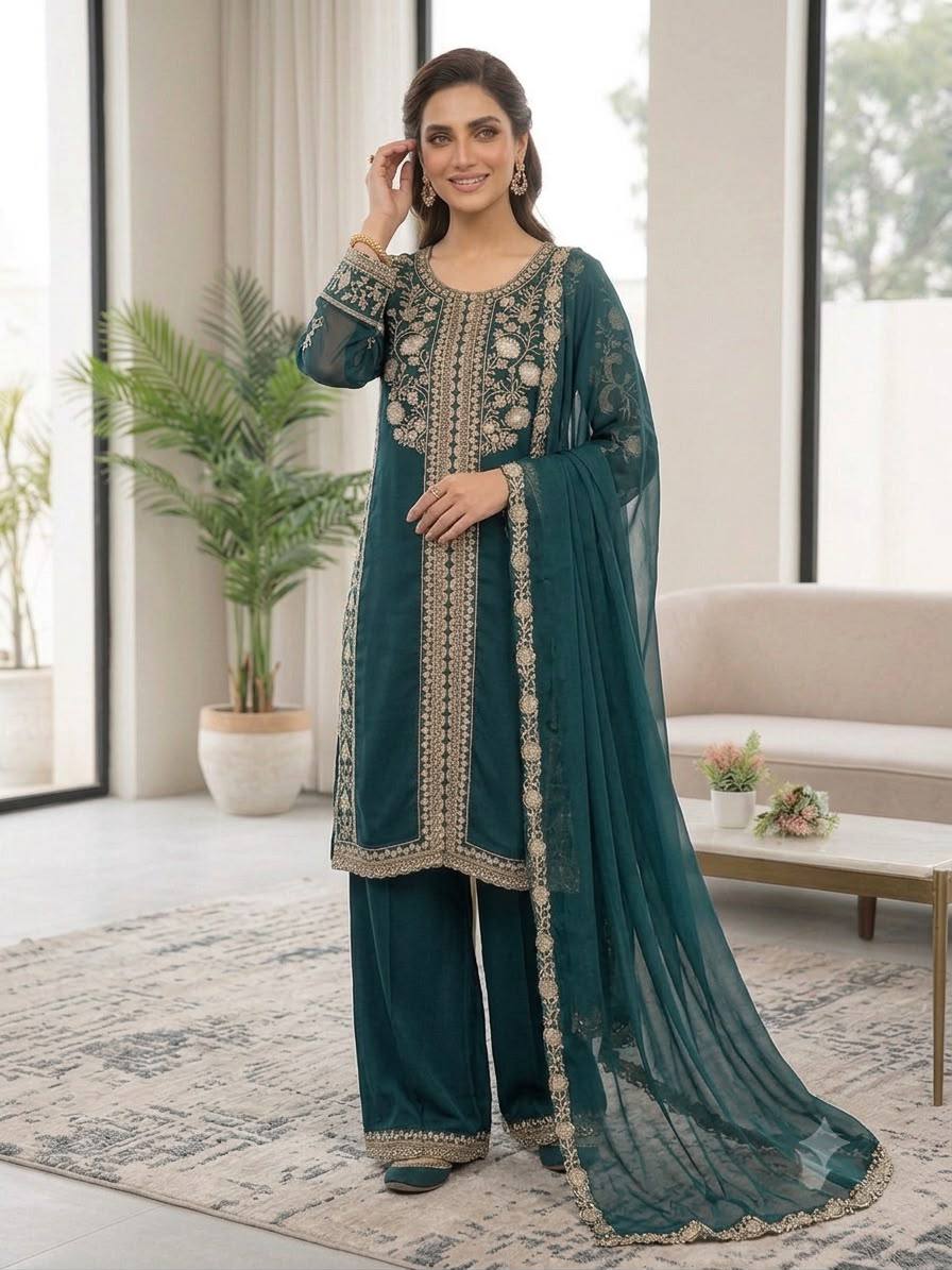 Women’s Embroidered Kurta Palazzo & Dupatta Set