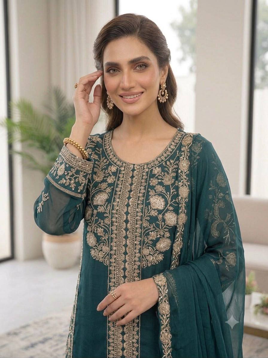 Women’s Embroidered Kurta Palazzo & Dupatta Set
