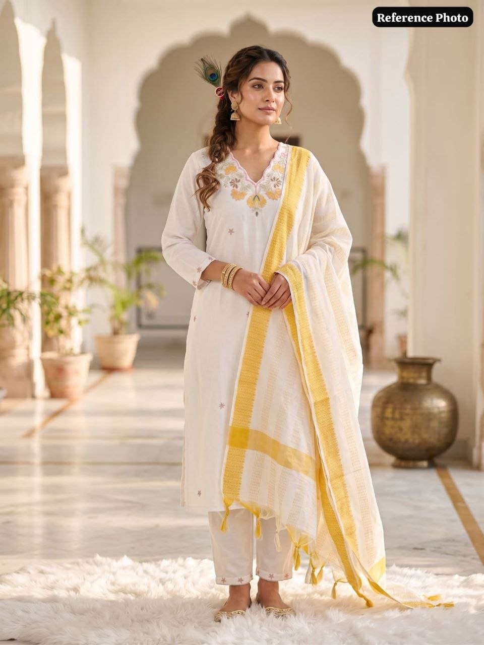 White & Yellow Floral Embroidered Straight Kurta Pant With Dupatta Set