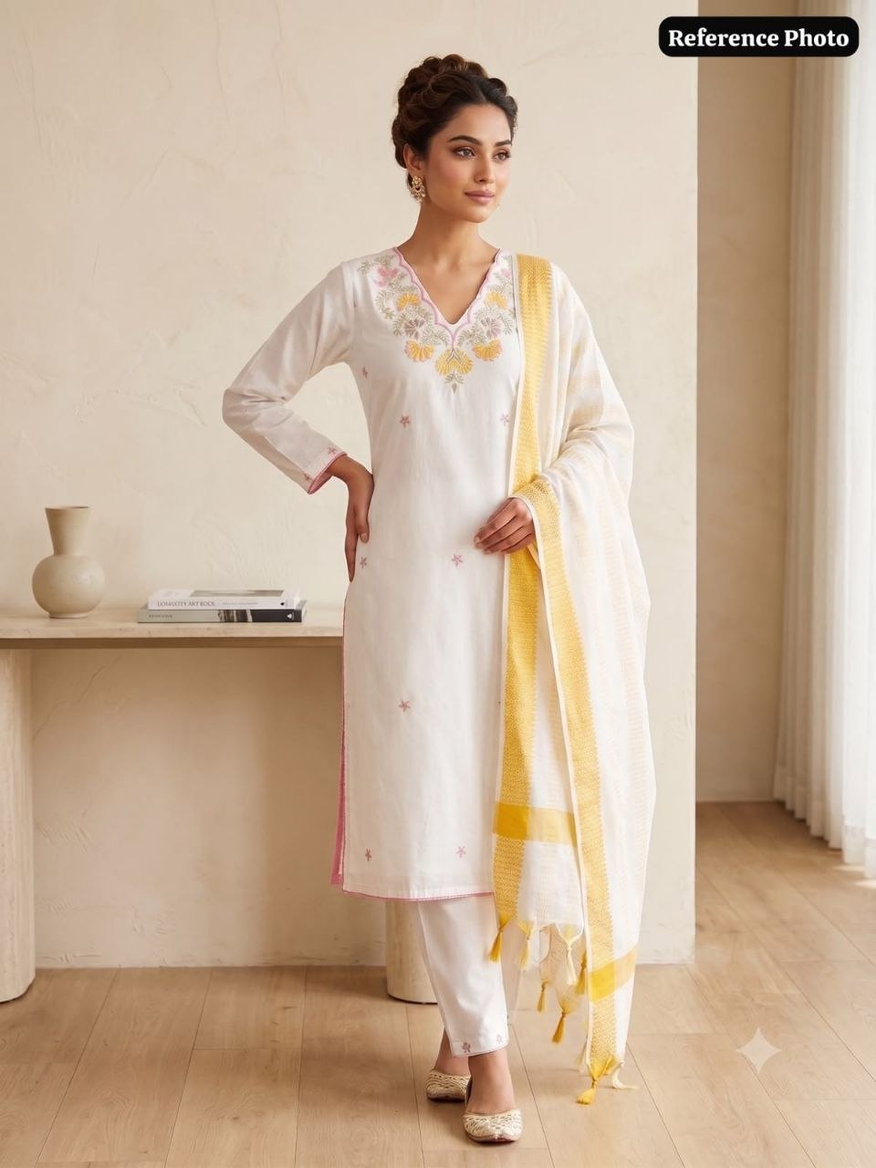 White & Yellow Floral Embroidered Straight Kurta Pant With Dupatta Set
