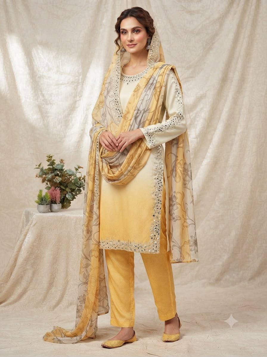 Embroidered Straight Kurta Pant With Printed Dupatta | Peach & Yellow
