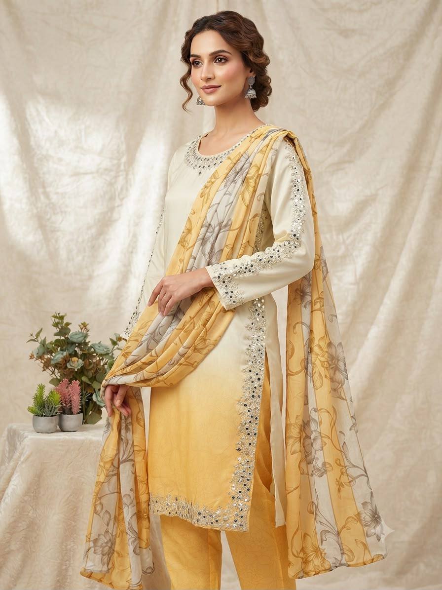 Embroidered Straight Kurta Pant With Printed Dupatta | Peach & Yellow