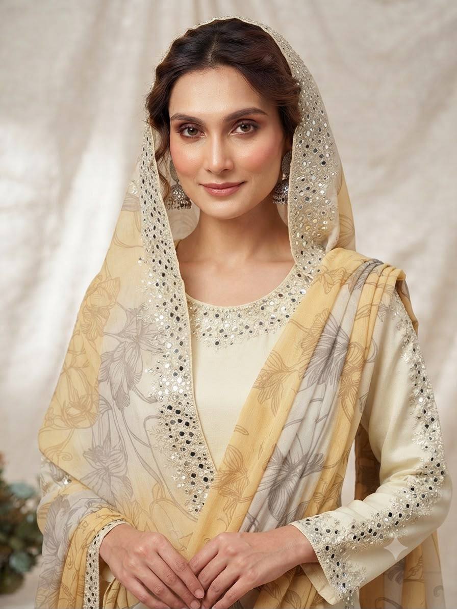 Embroidered Straight Kurta Pant With Printed Dupatta | Peach & Yellow