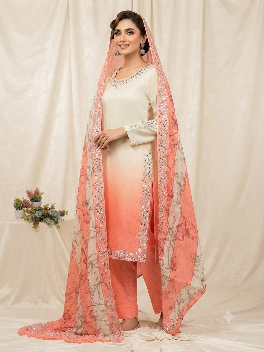 Embroidered Straight Kurta Pant With Printed Dupatta | Peach & Yellow