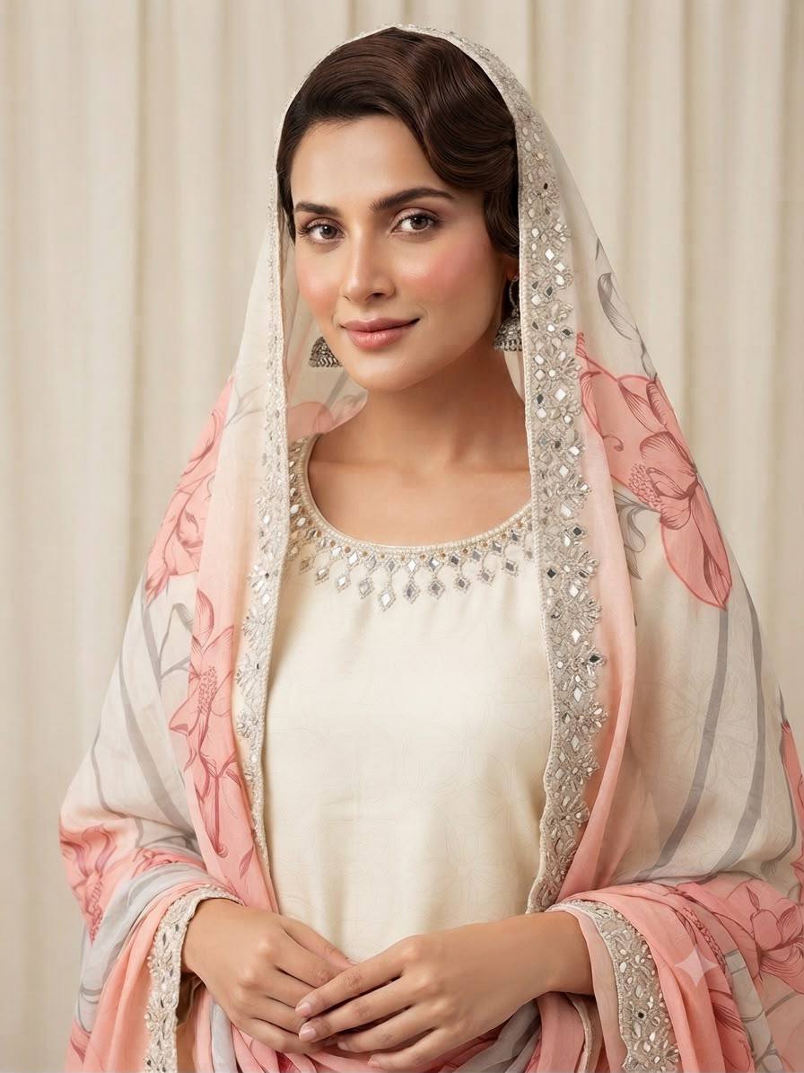 Embroidered Straight Kurta Pant With Printed Dupatta | Peach & Yellow
