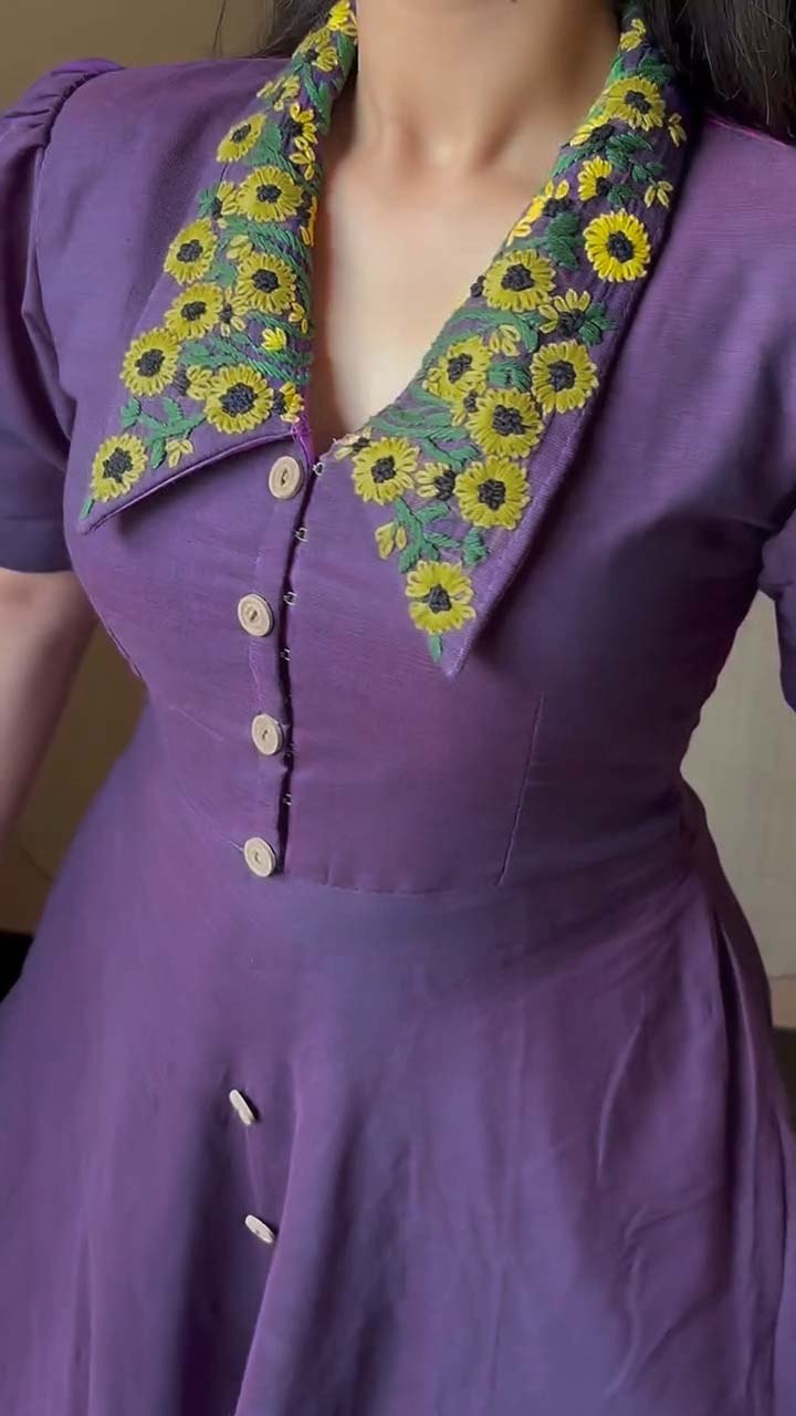 Vintage Floral Embroidered Collar Button Front Midi Dress