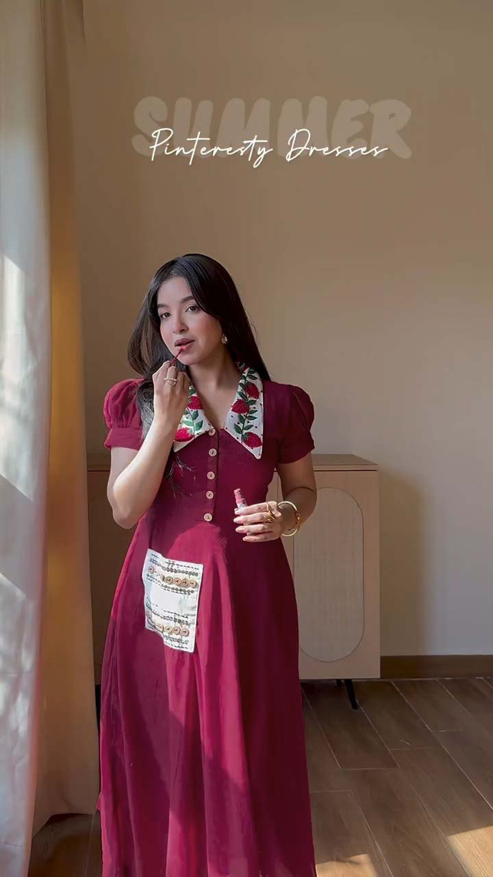 Vintage Floral Embroidered Collar Button Front Midi Dress