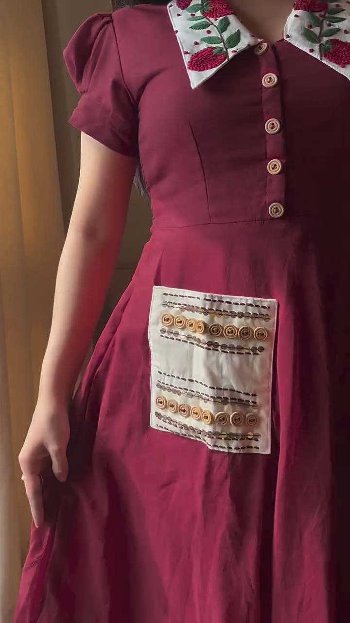 Vintage Floral Embroidered Collar Button Front Midi Dress
