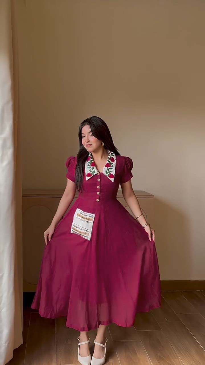Vintage Floral Embroidered Collar Button Front Midi Dress