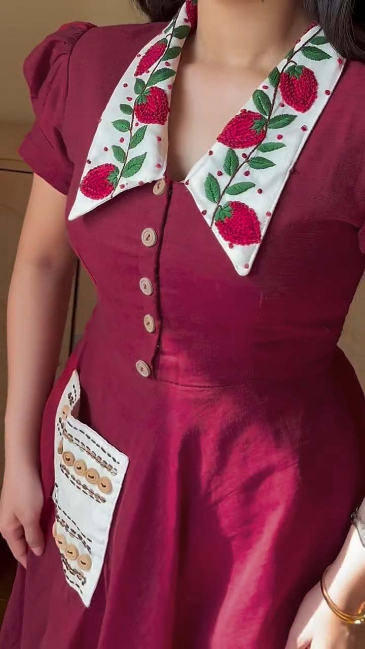 Vintage Floral Embroidered Collar Button Front Midi Dress