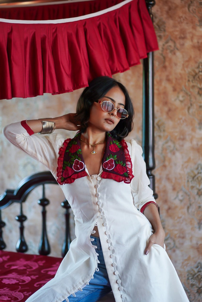 Vintage Floral Embroidered Collar Button Front Midi Dress