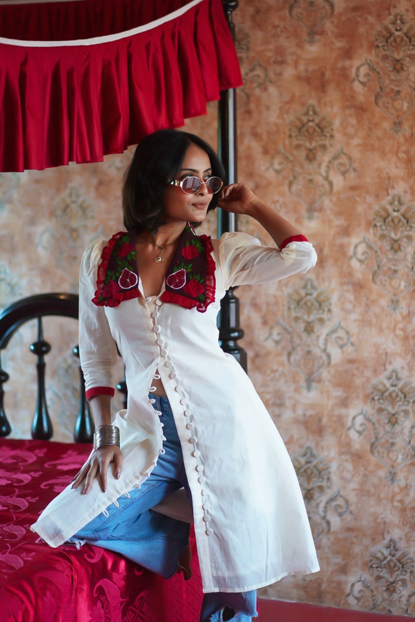 Vintage Floral Embroidered Collar Button Front Midi Dress