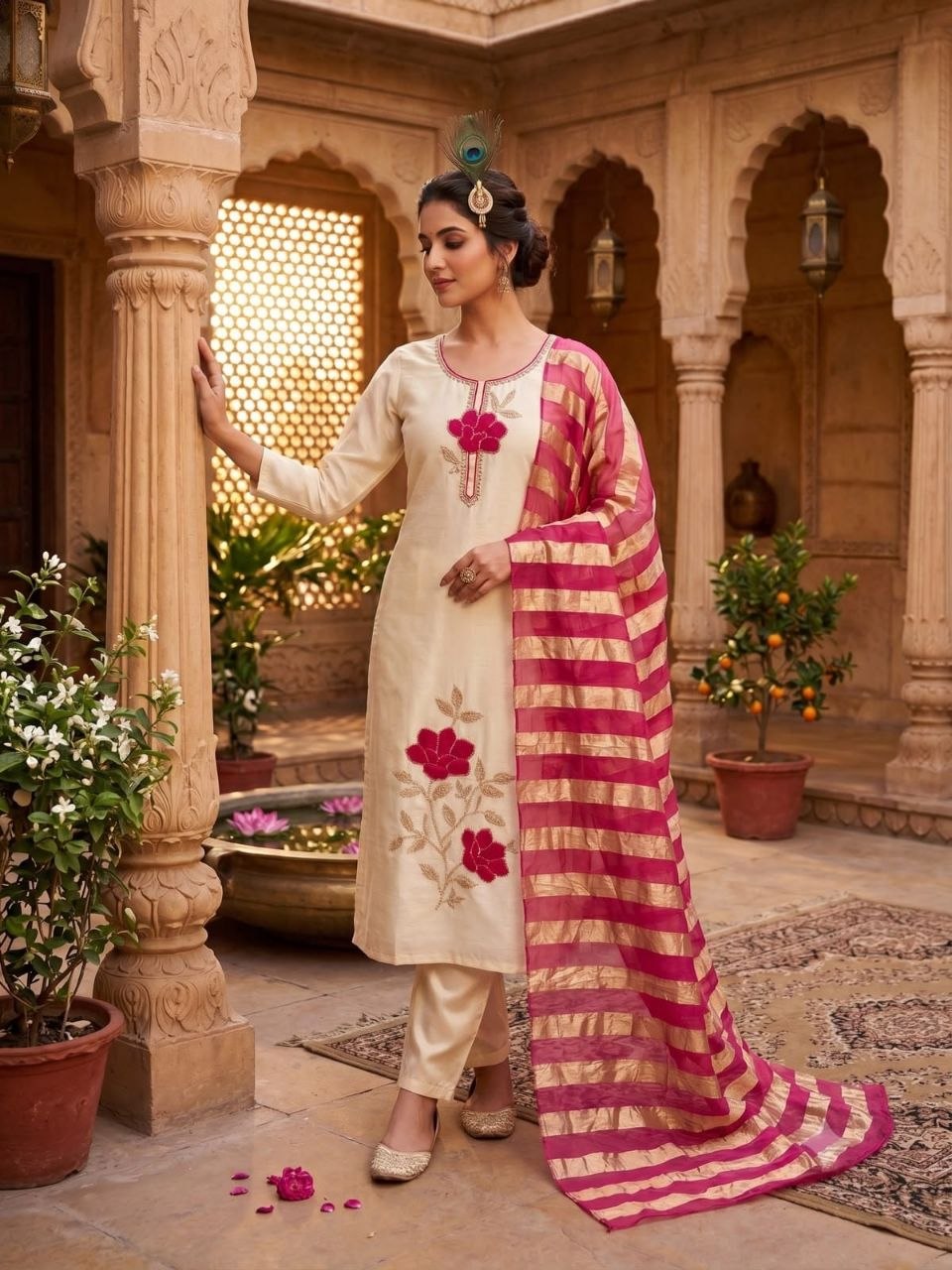 Cream Floral Embroidered Kurta Pant With Magenta Striped Dupatta Set
