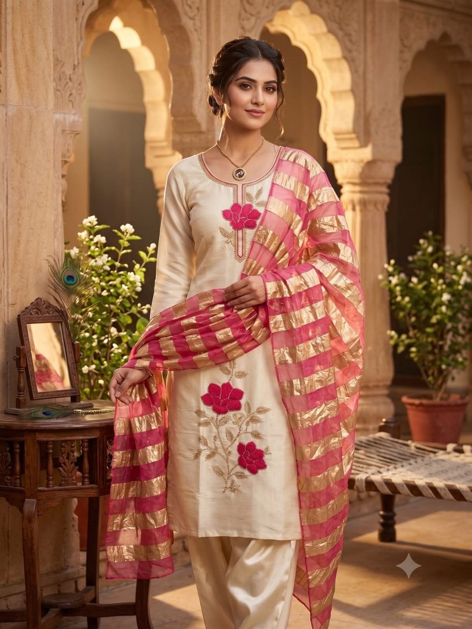 Cream Floral Embroidered Kurta Pant With Magenta Striped Dupatta Set