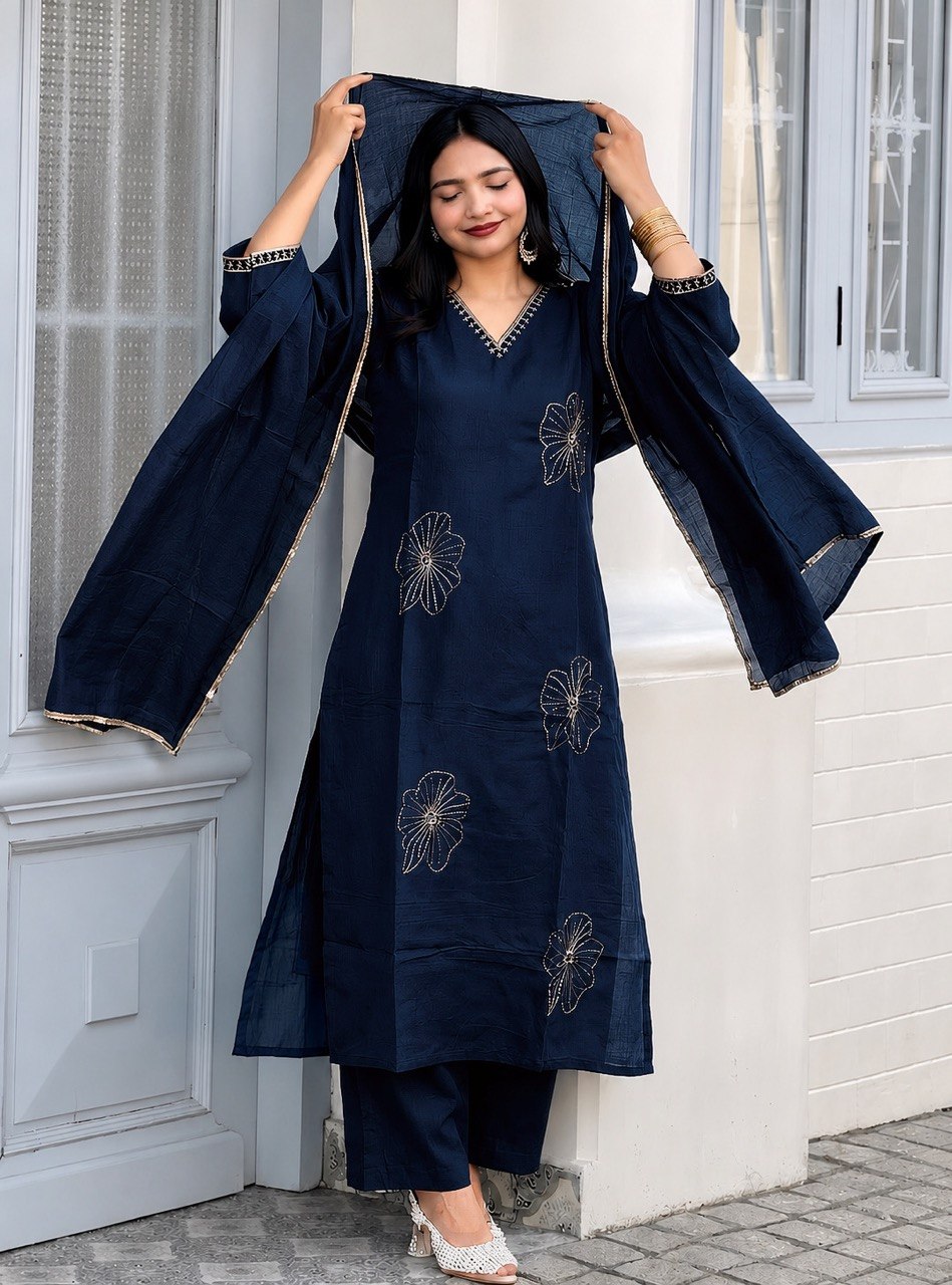 Designer Embroidered Kurta Pant Dupatta Set | Floral Embroidery Ethnic Suit Set