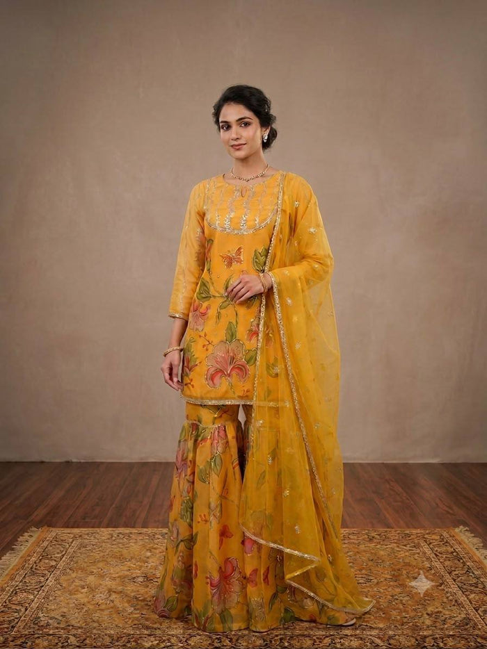 Mustard Yellow Floral Printed Embroidered Kurta Sharara Set with Dupatta