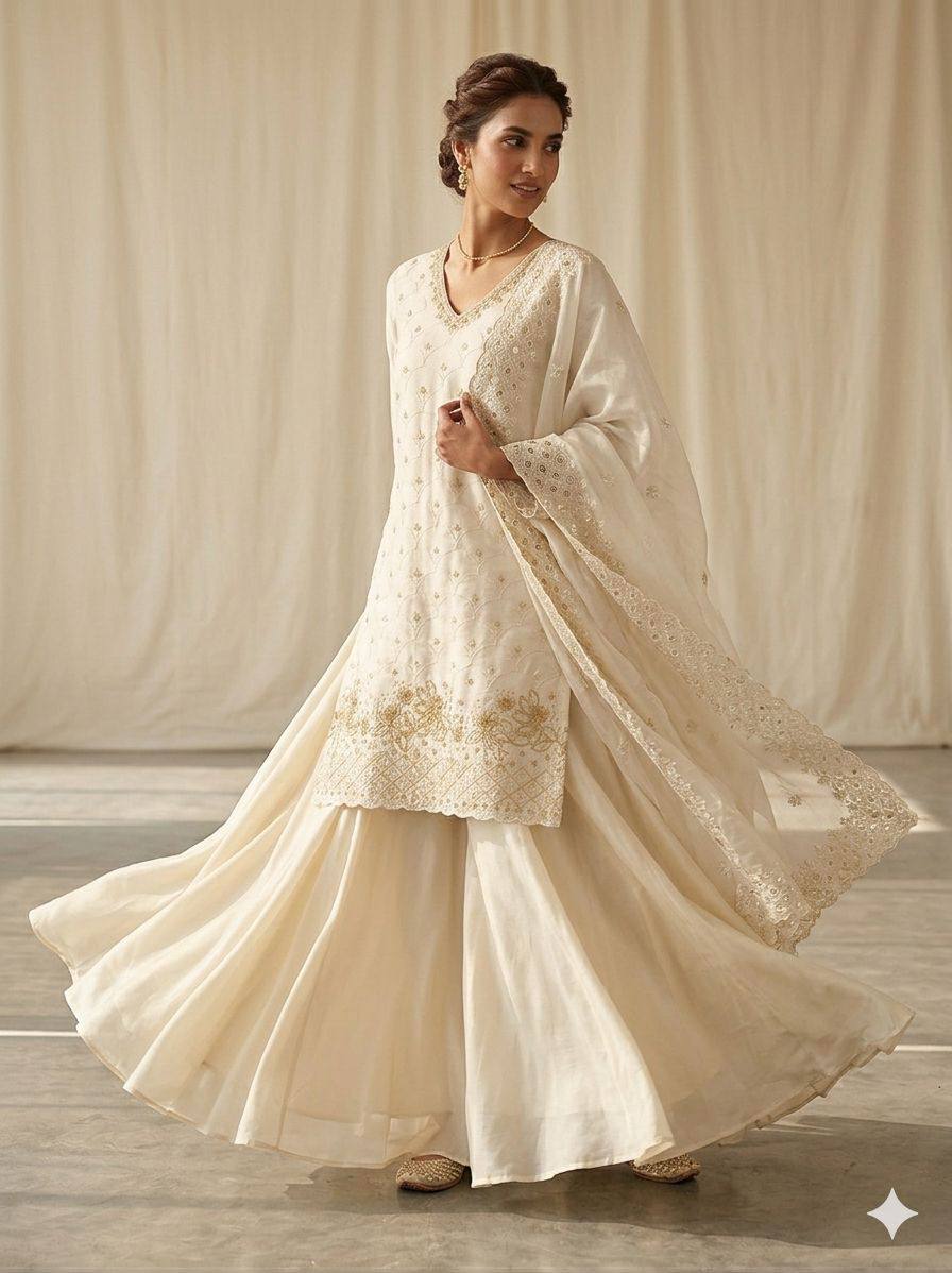 Designer Embroidered Kurta Palazzo Dupatta Set | Festive Ethnic 3 Piece Suit