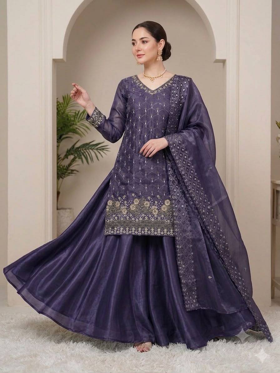 Designer Embroidered Kurta Palazzo Dupatta Set | Festive Ethnic 3 Piece Suit