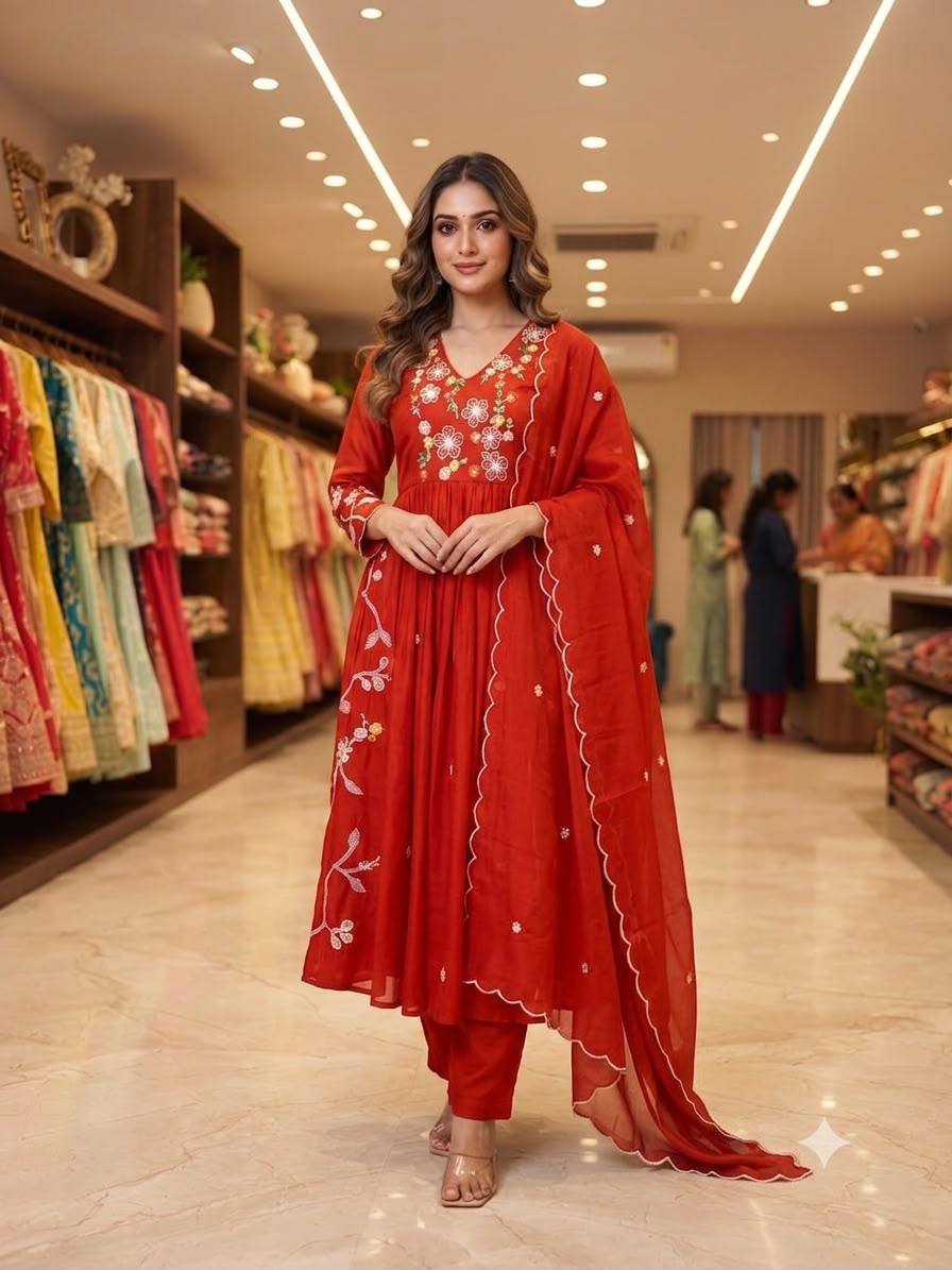 Embroidered Anarkali Kurta Pant Set With Dupatta