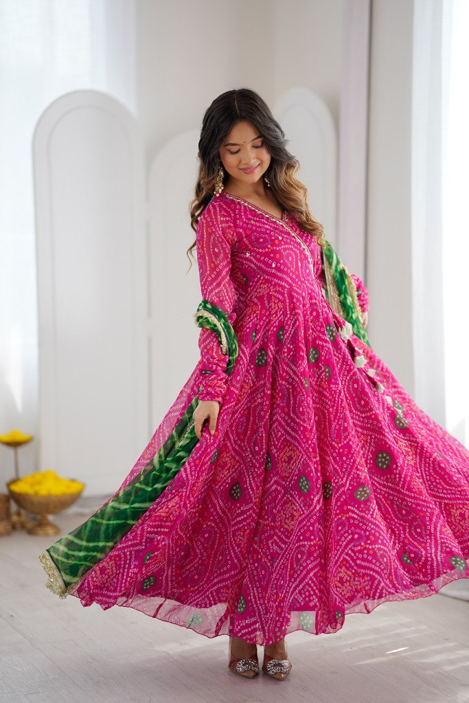Designer Bandhani Printed Anarkali Gown With Dupatta | Festive Ethnic Wear