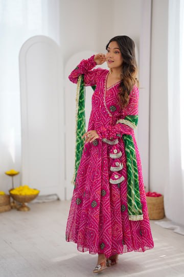 Designer Bandhani Printed Anarkali Gown With Dupatta | Festive Ethnic Wear