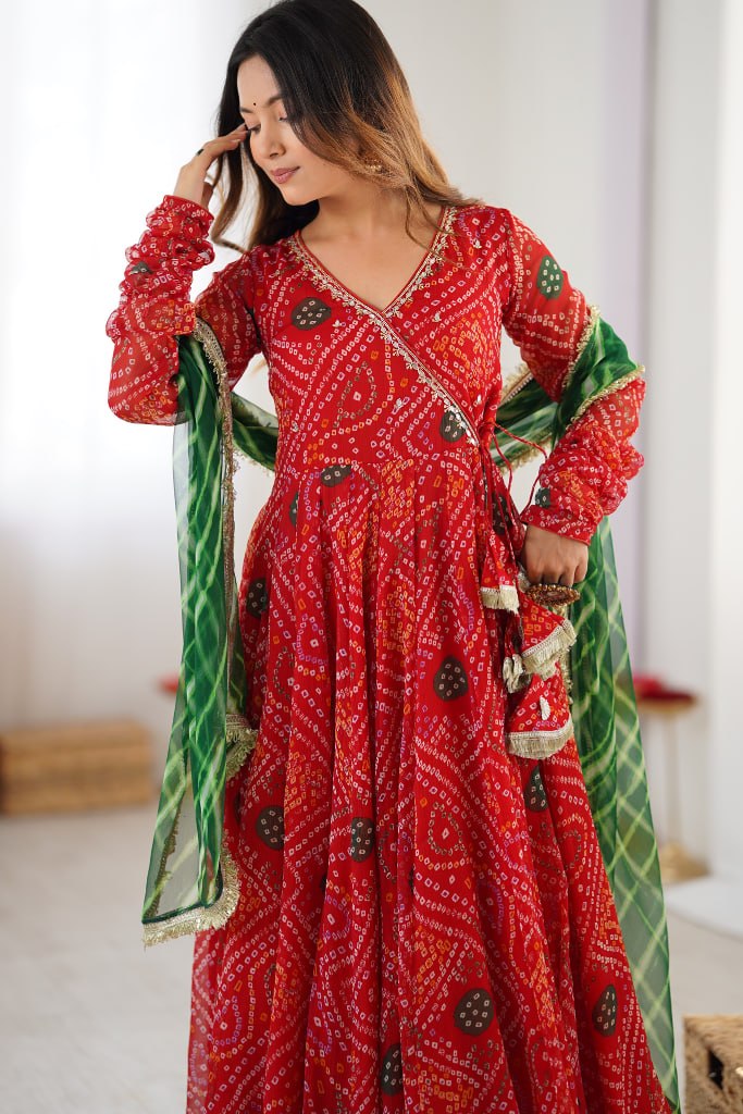 Designer Bandhani Printed Anarkali Gown With Dupatta | Festive Ethnic Wear