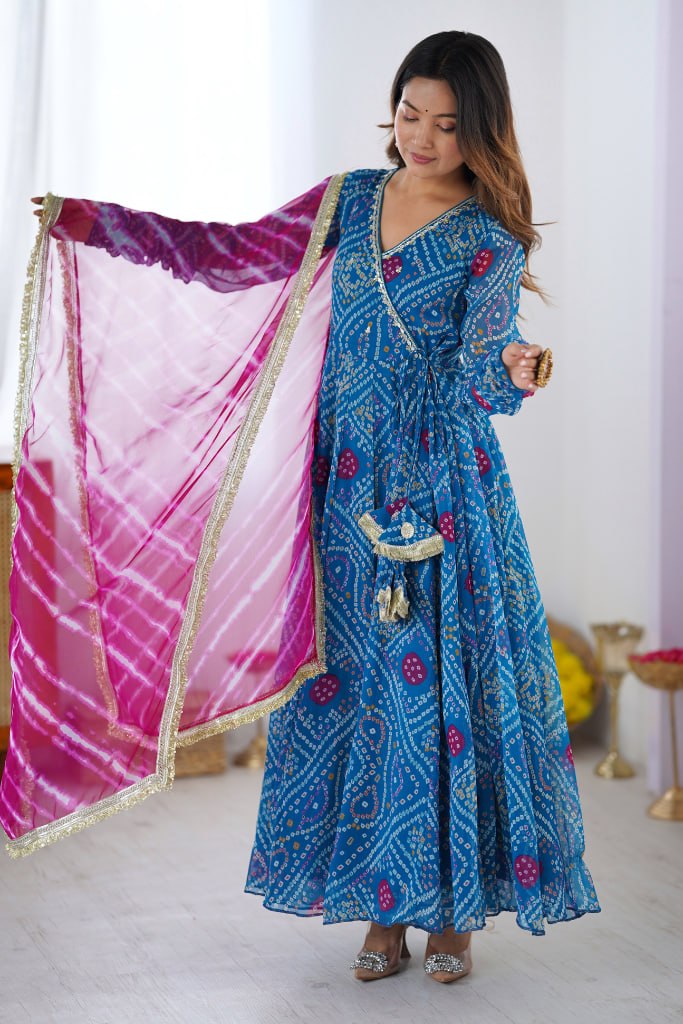 Designer Bandhani Printed Anarkali Gown With Dupatta | Festive Ethnic Wear