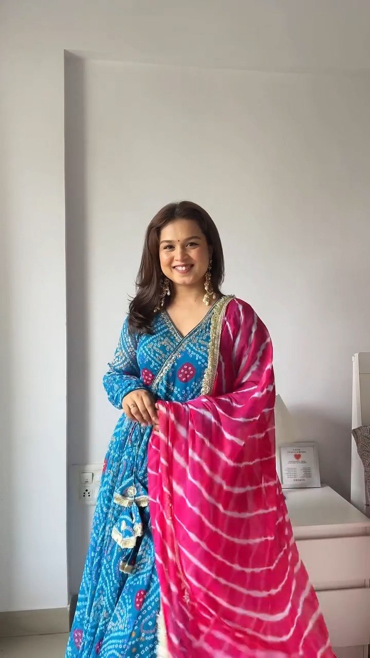 Designer Bandhani Printed Anarkali Gown With Dupatta | Festive Ethnic Wear