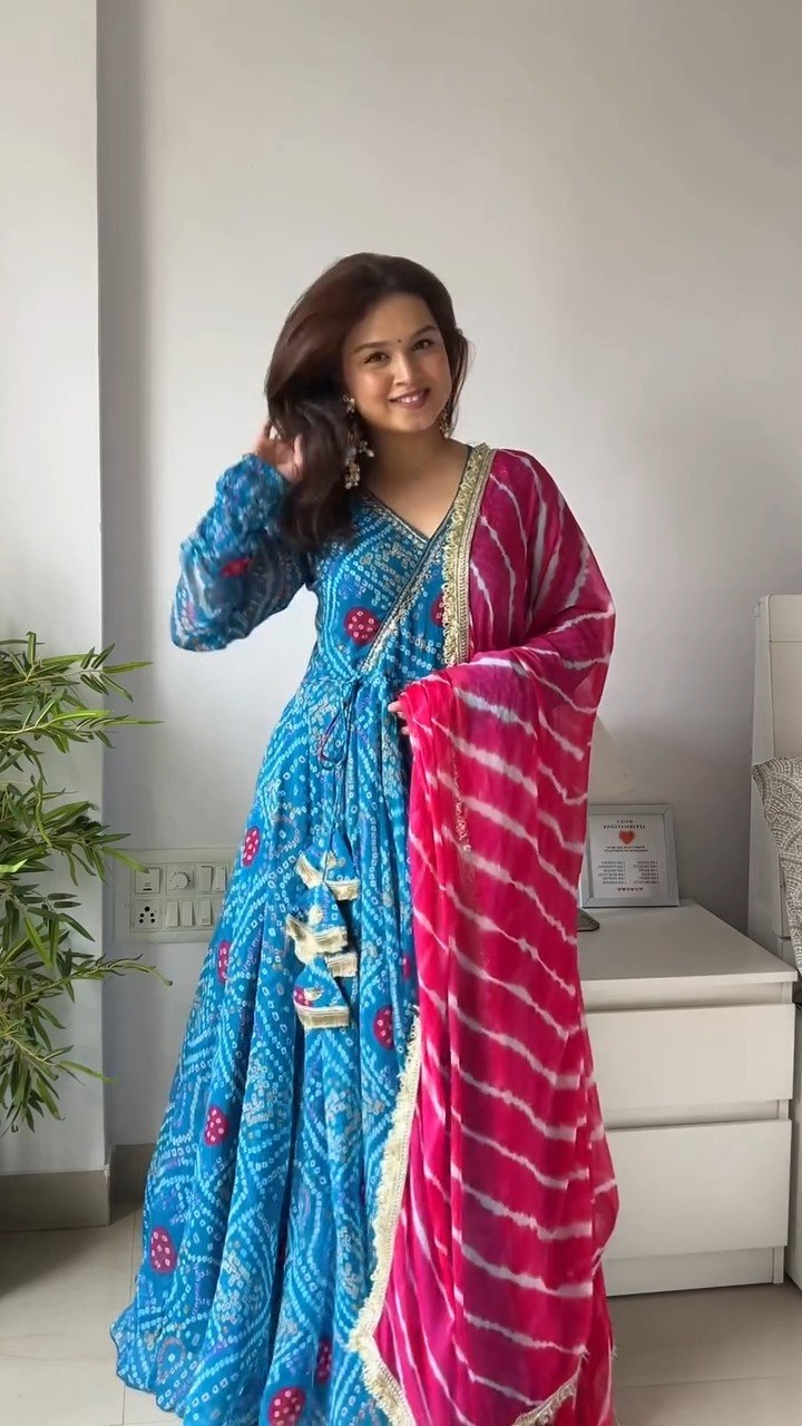 Designer Bandhani Printed Anarkali Gown With Dupatta | Festive Ethnic Wear