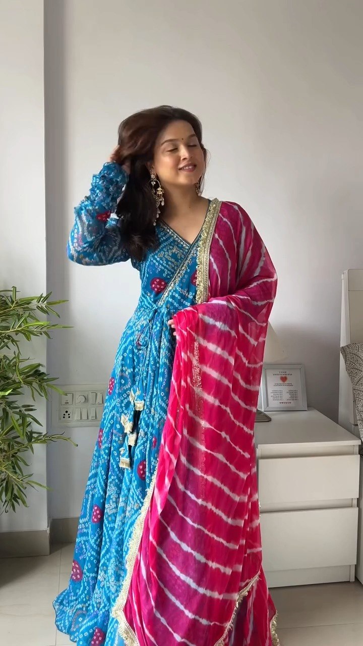 Designer Bandhani Printed Anarkali Gown With Dupatta | Festive Ethnic Wear