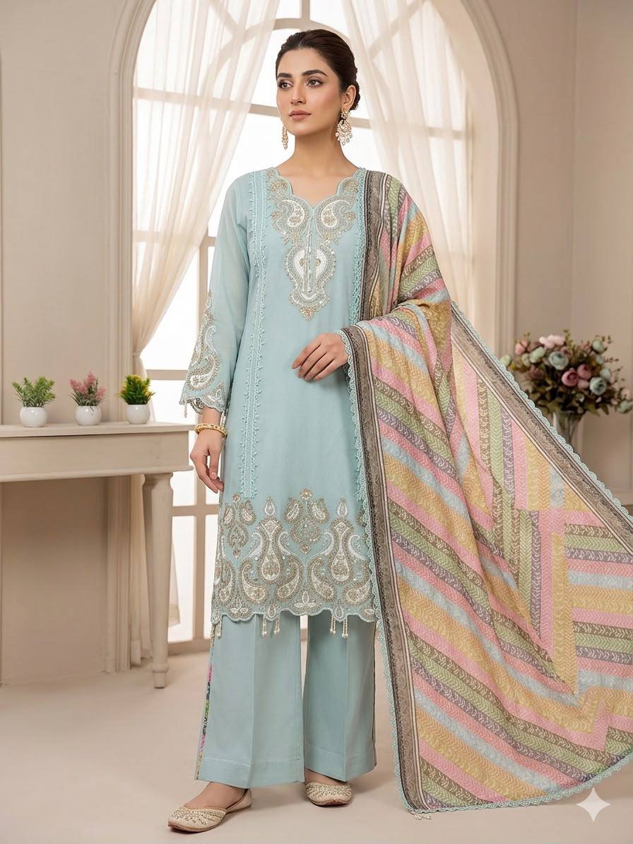 Premium Pakistani 3 Piece Suit Set | Embroidered Kurta, Trouser & Printed Dupatta