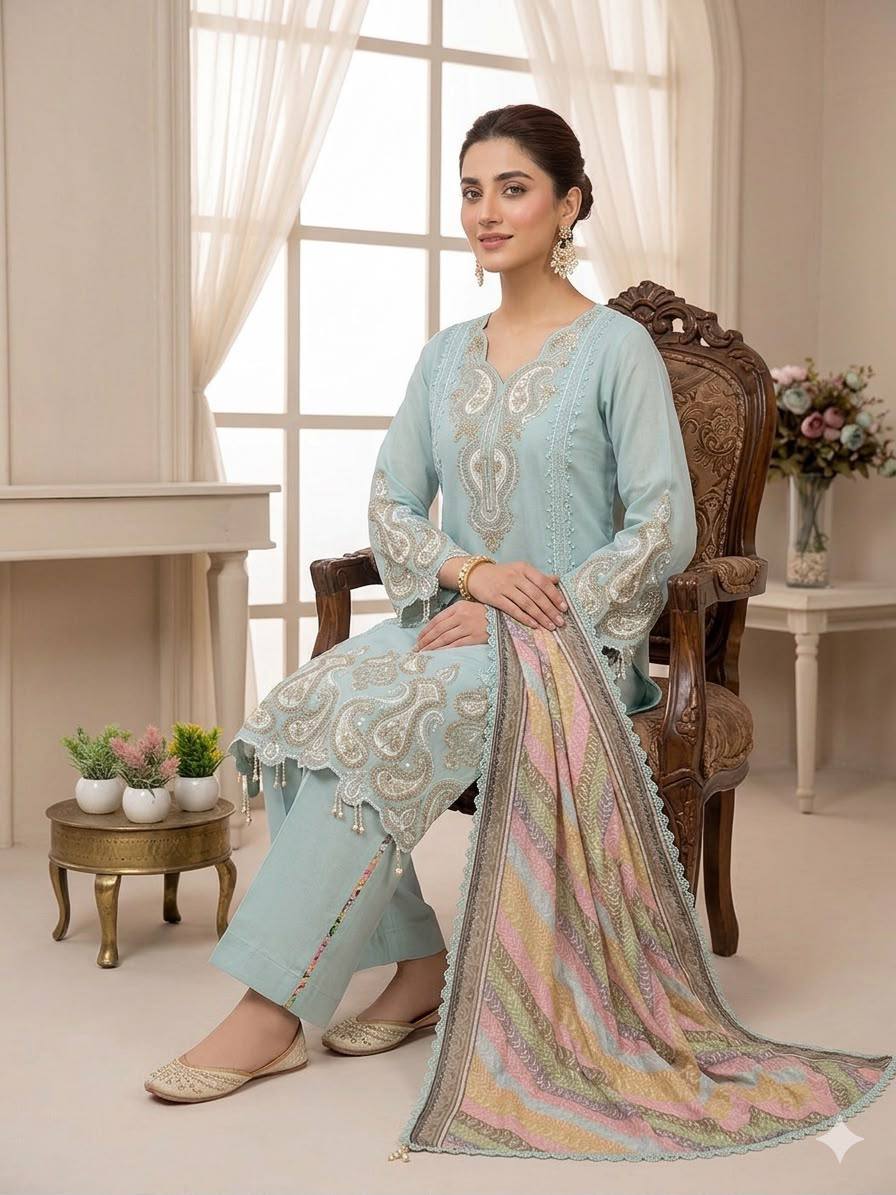 Premium Pakistani 3 Piece Suit Set | Embroidered Kurta, Trouser & Printed Dupatta