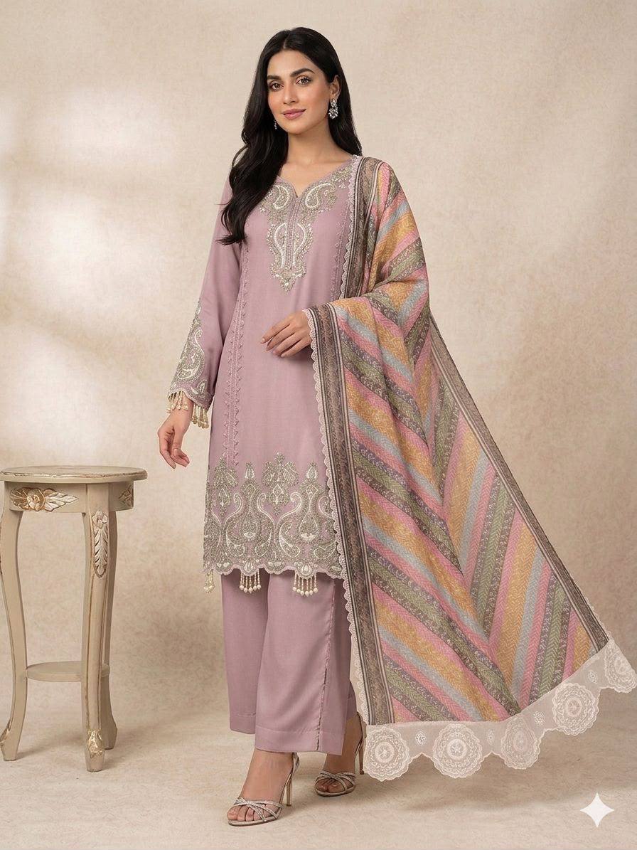 Premium Pakistani 3 Piece Suit Set | Embroidered Kurta, Trouser & Printed Dupatta