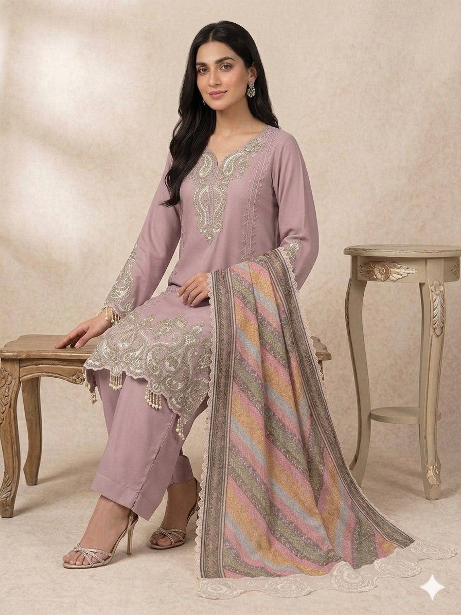 Premium Pakistani 3 Piece Suit Set | Embroidered Kurta, Trouser & Printed Dupatta