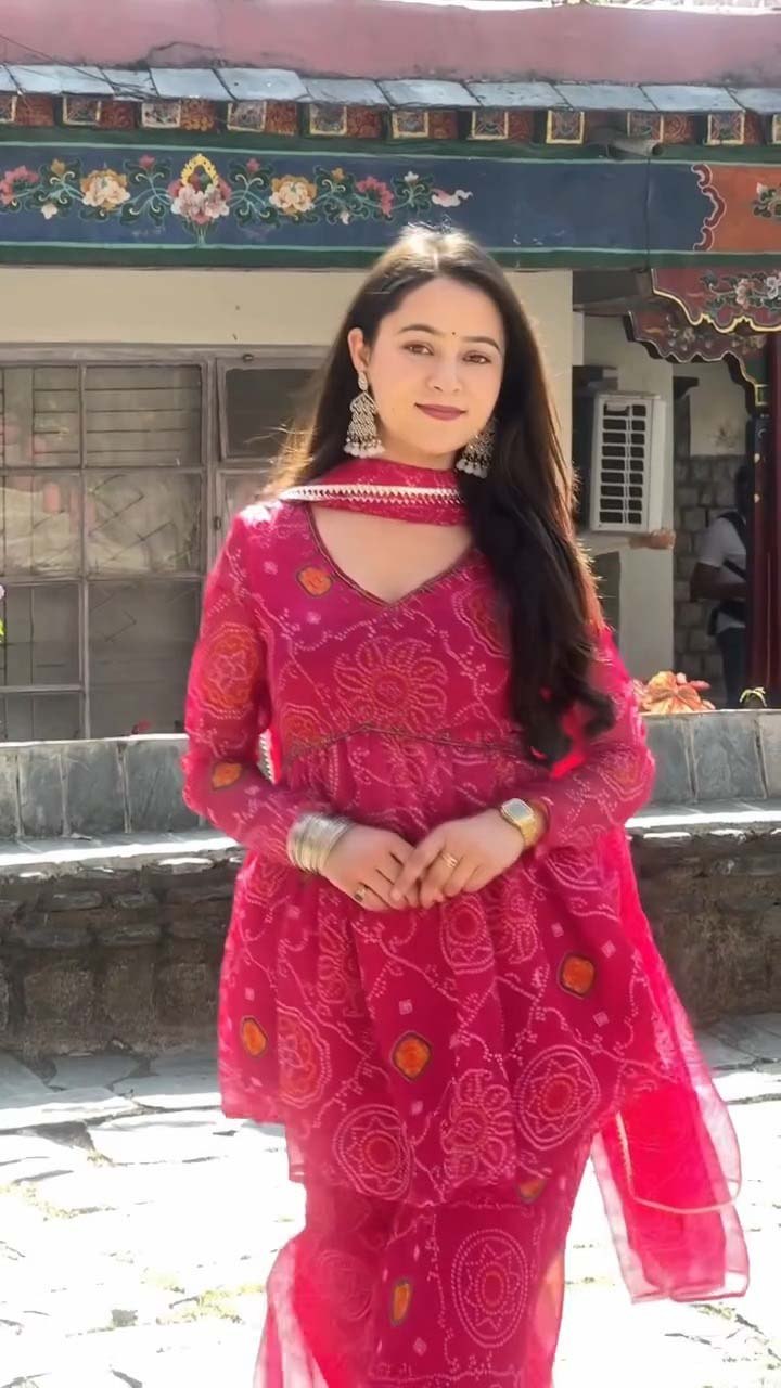 Women’s Pink Printed Ethnic Gown Style Kurta Set with Matching Palazzo