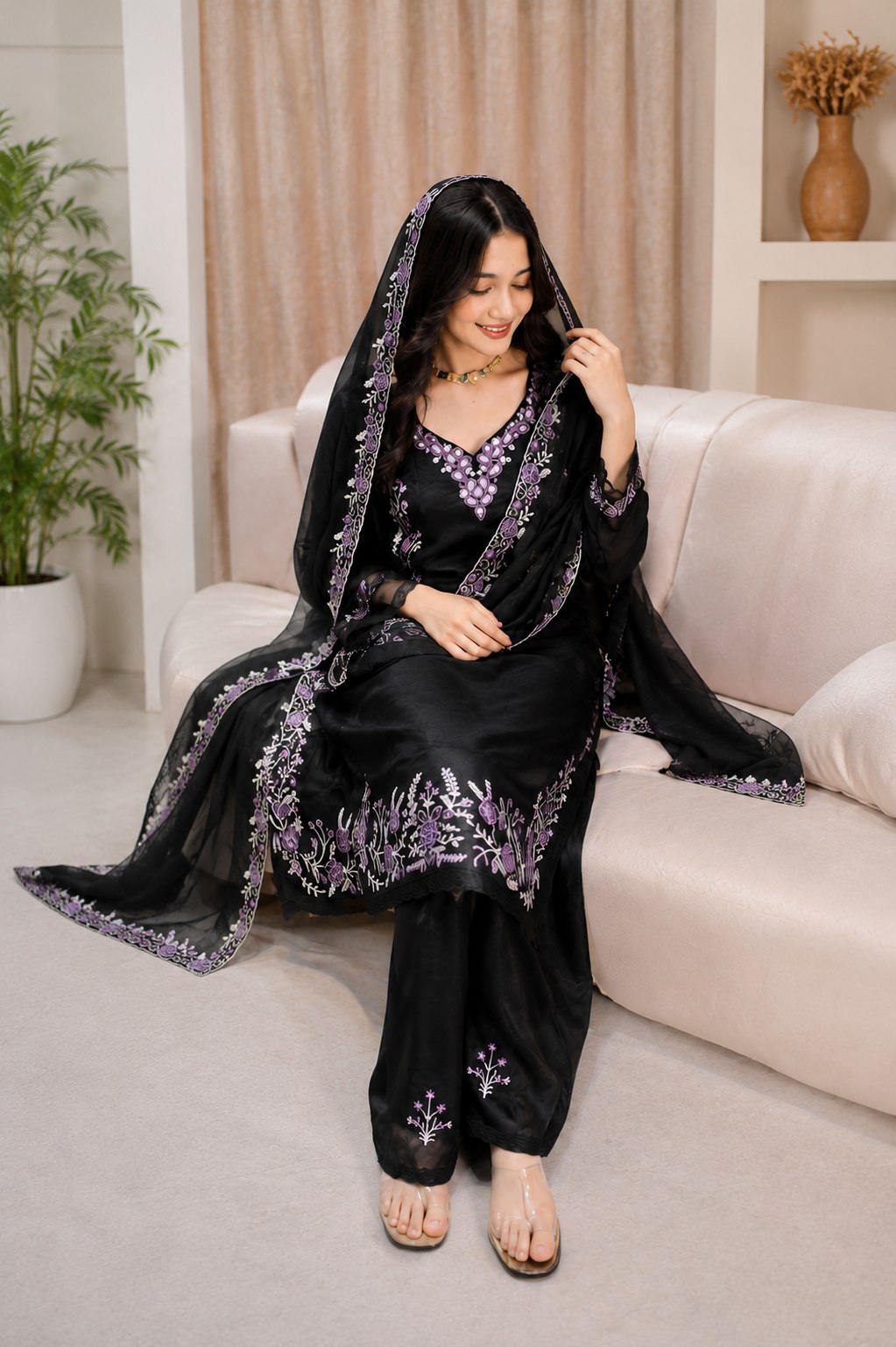 Black Embroidered 3 Piece Salwar Suit Set with Dupatta