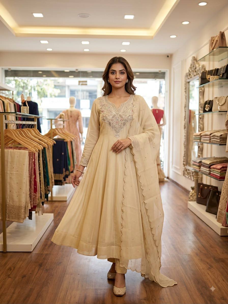 Premium Ivory Embroidered Anarkali Suit Set with Dupatta