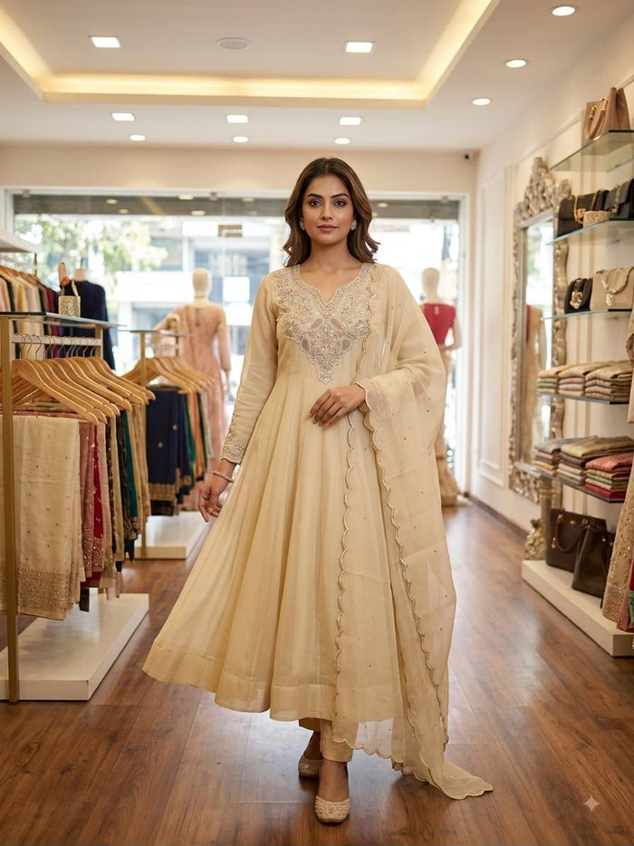 Premium Ivory Embroidered Anarkali Suit Set with Dupatta