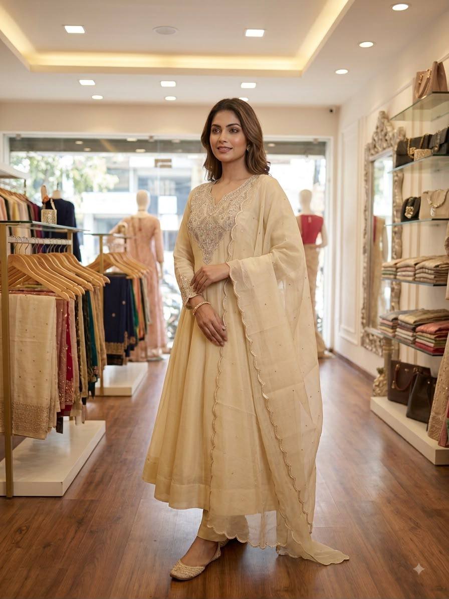 Premium Ivory Embroidered Anarkali Suit Set with Dupatta