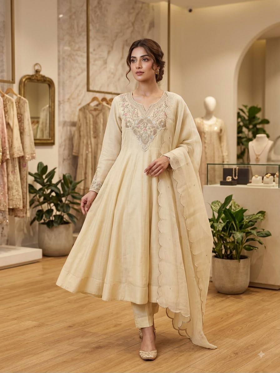 Premium Ivory Embroidered Anarkali Suit Set with Dupatta