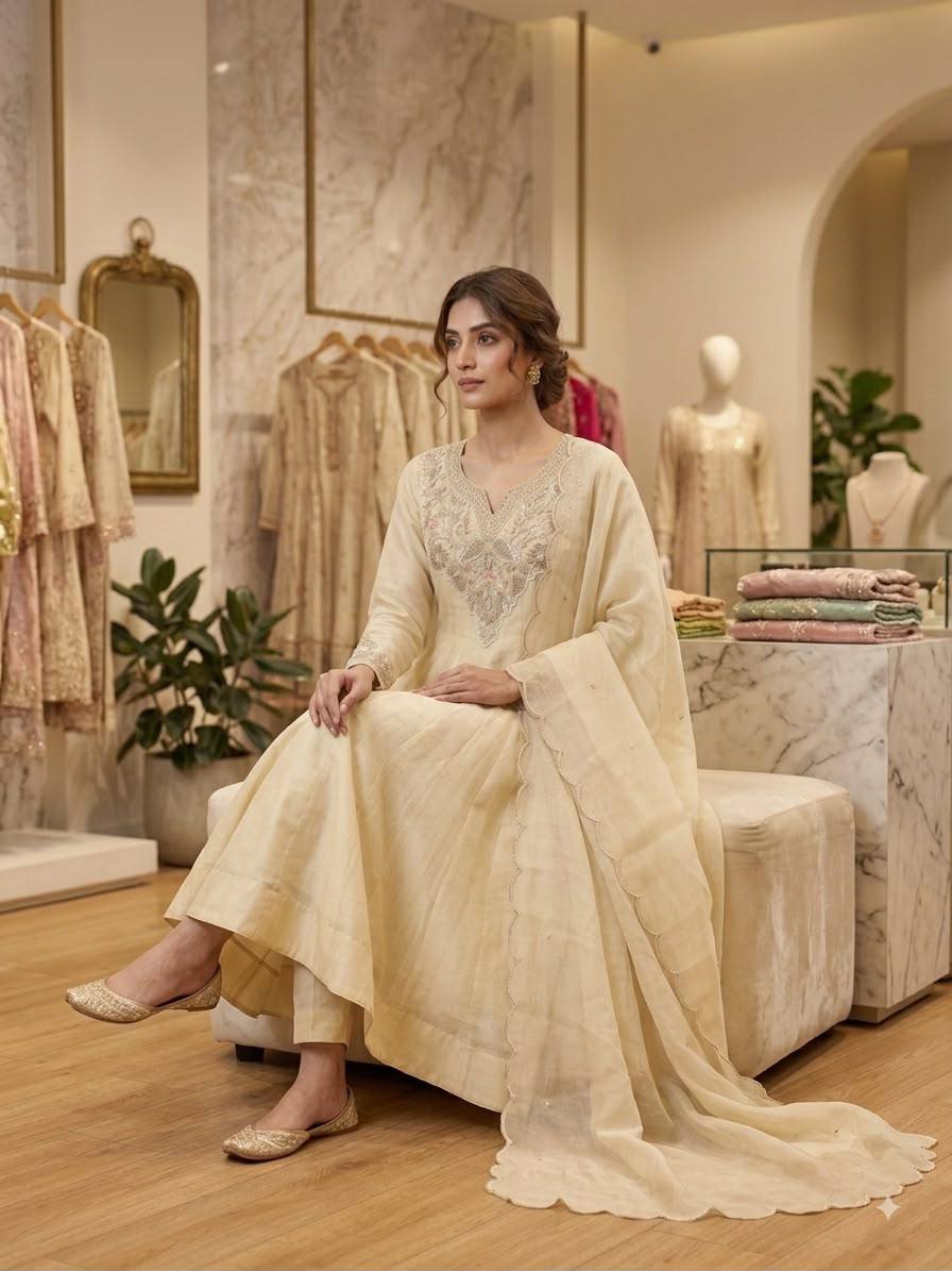 Premium Ivory Embroidered Anarkali Suit Set with Dupatta
