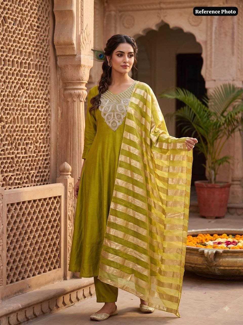 Olive Green Embroidered Anarkali Kurta Pant & Dupatta Set | Ethnic Festive Wear